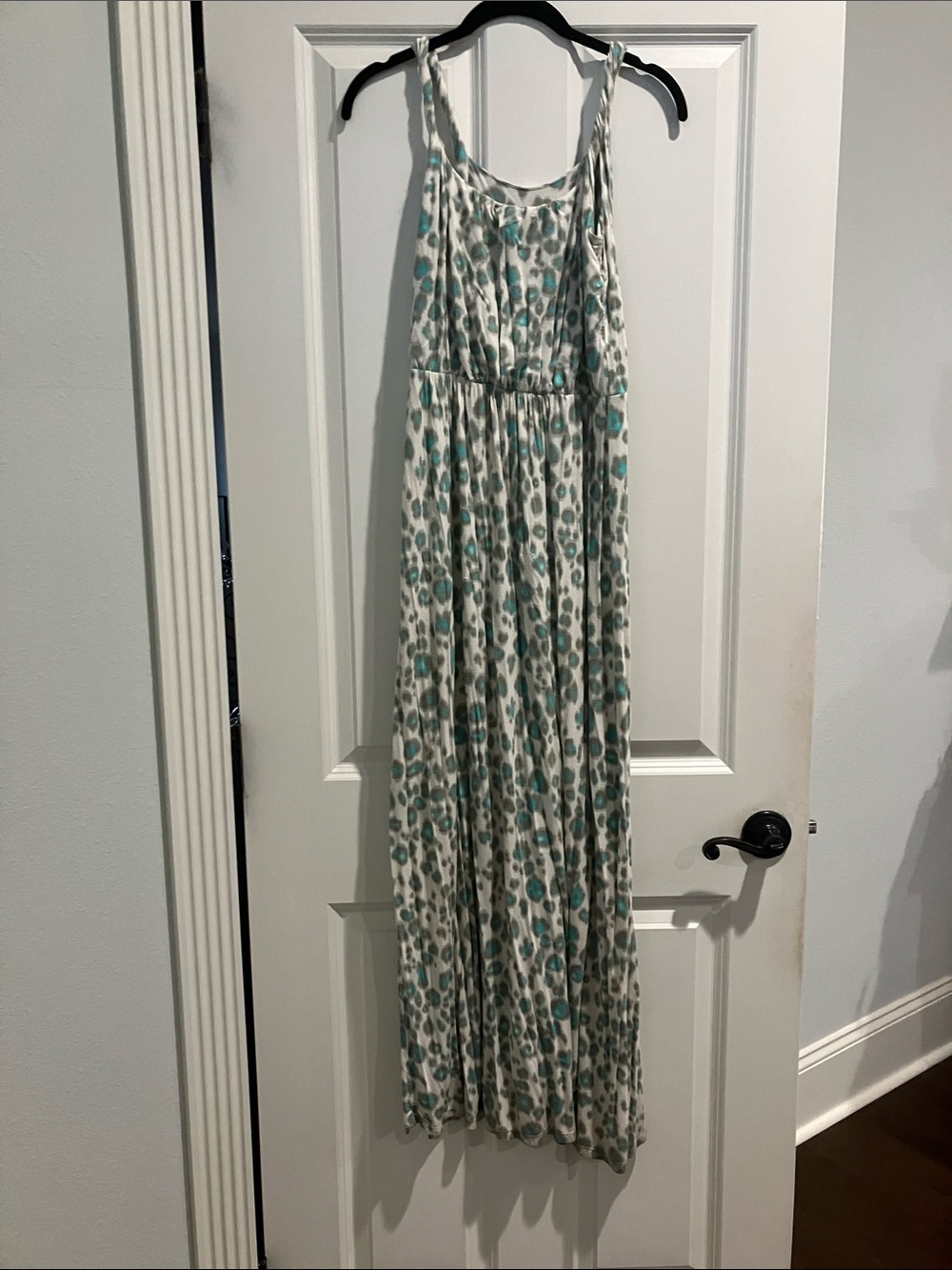 LOFT White Maxi Dress with Teal and Gray Spot Print